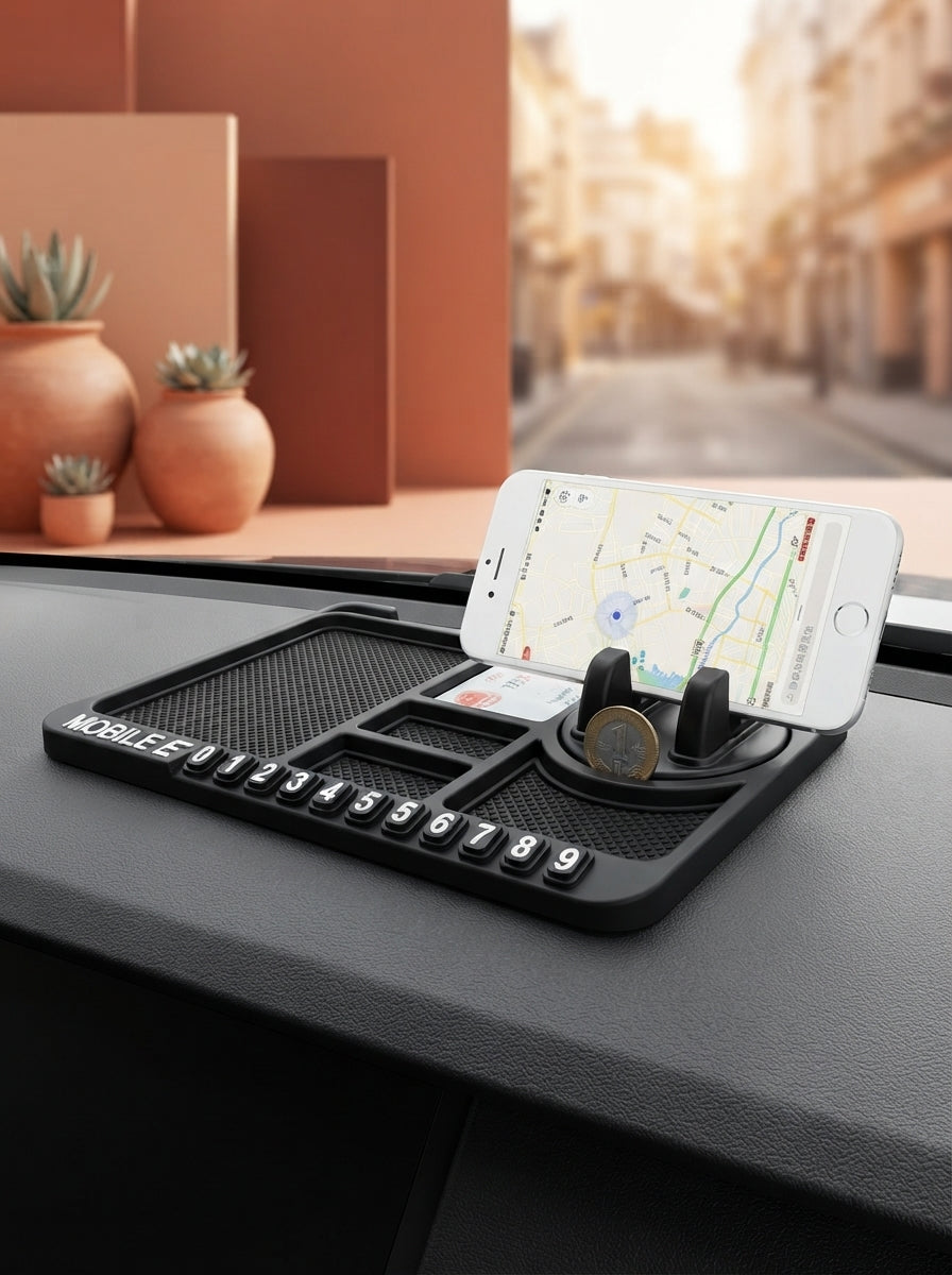 Anti-slip silicone car mobile holder mounted on a dashboard with professional studio lighting and terracotta-toned background